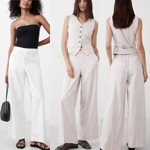 Banana Republic Hayden Wide-Leg Linen Blend PullOn Pants Petite Flax(L)/White(M)